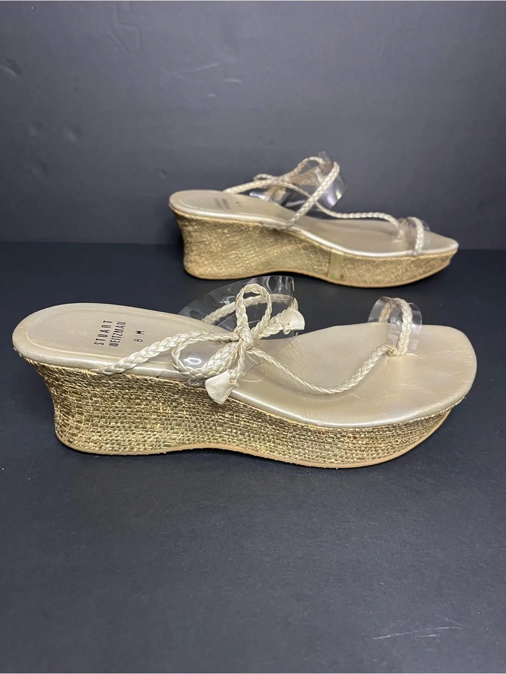 Stuart Weitzman Gold Braided Leather Wedges - Sz 8 - Picture 4 of 9
